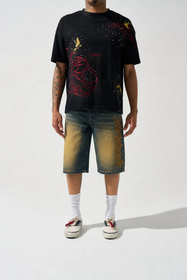 SERENEDE SCRIPTJRTS-1 Side Script Light Denim Shorts DRKBLU