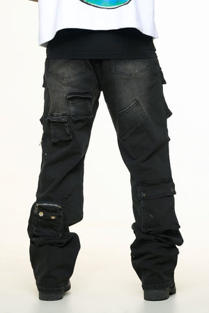 PHEELINGS PH-SS24-54 Heavy Thoughts Cargo Baggy Den (BLACK WASH)  Designers Closet