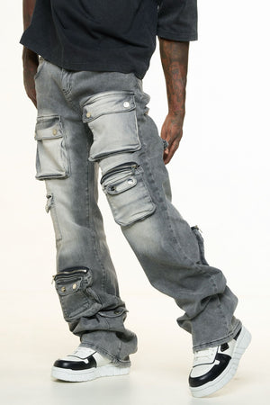 PHEELINGS PH-SS24-55 Heavy Thoughts Cargo Baggy Denim (CHARCOAL GREY WASH)  Designers Closet