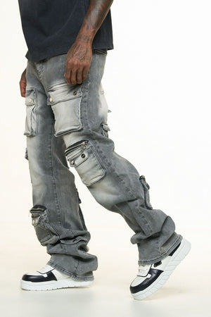 PHEELINGS PH-SS24-55 Heavy Thoughts Cargo Baggy Denim (CHARCOAL GREY WASH)  Designers Closet