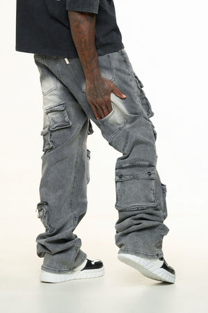 PHEELINGS PH-SS24-55 Heavy Thoughts Cargo Baggy Denim (CHARCOAL GREY WASH)  Designers Closet