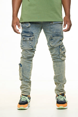 PHEELINGS PH-SS24-87 Lucid Dreams Cargo Skinny Denim (MEDIUM BLUE/ SAND) MEDBLUSN / 28 Designers Closet