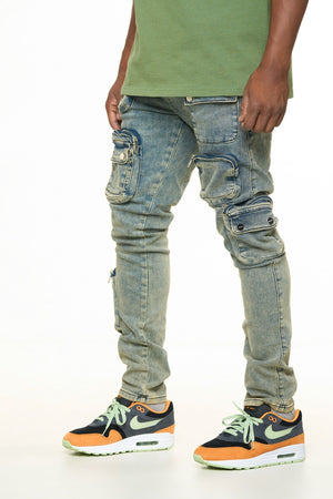 PHEELINGS PH-SS24-87 Lucid Dreams Cargo Skinny Denim (MEDIUM BLUE/ SAND)  Designers Closet