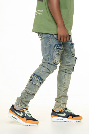 PHEELINGS PH-SS24-87 Lucid Dreams Cargo Skinny Denim (MEDIUM BLUE/ SAND)  Designers Closet