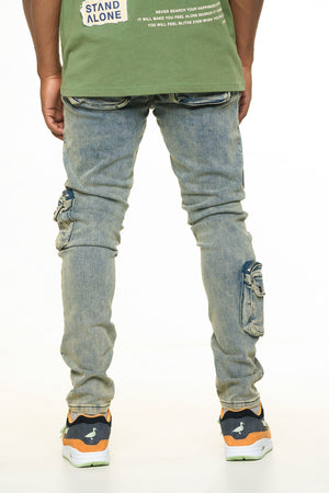 PHEELINGS PH-SS24-87 Lucid Dreams Cargo Skinny Denim (MEDIUM BLUE/ SAND)  Designers Closet