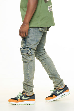 PHEELINGS PH-SS24-87 Lucid Dreams Cargo Skinny Denim (MEDIUM BLUE/ SAND)  Designers Closet