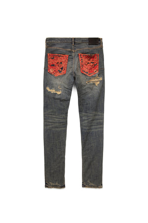 PURPLE BRAND P001-IQDP123 P001 Low Rise Skinny Jean Mid Indigo Quilted Destroy Pocket  Designers Closet
